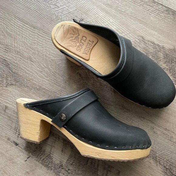 Tessa Clogs Womens 8.5 - 9.5 Leather Black Oil Wood Chunky y2k vibes - Picture 1 of 7